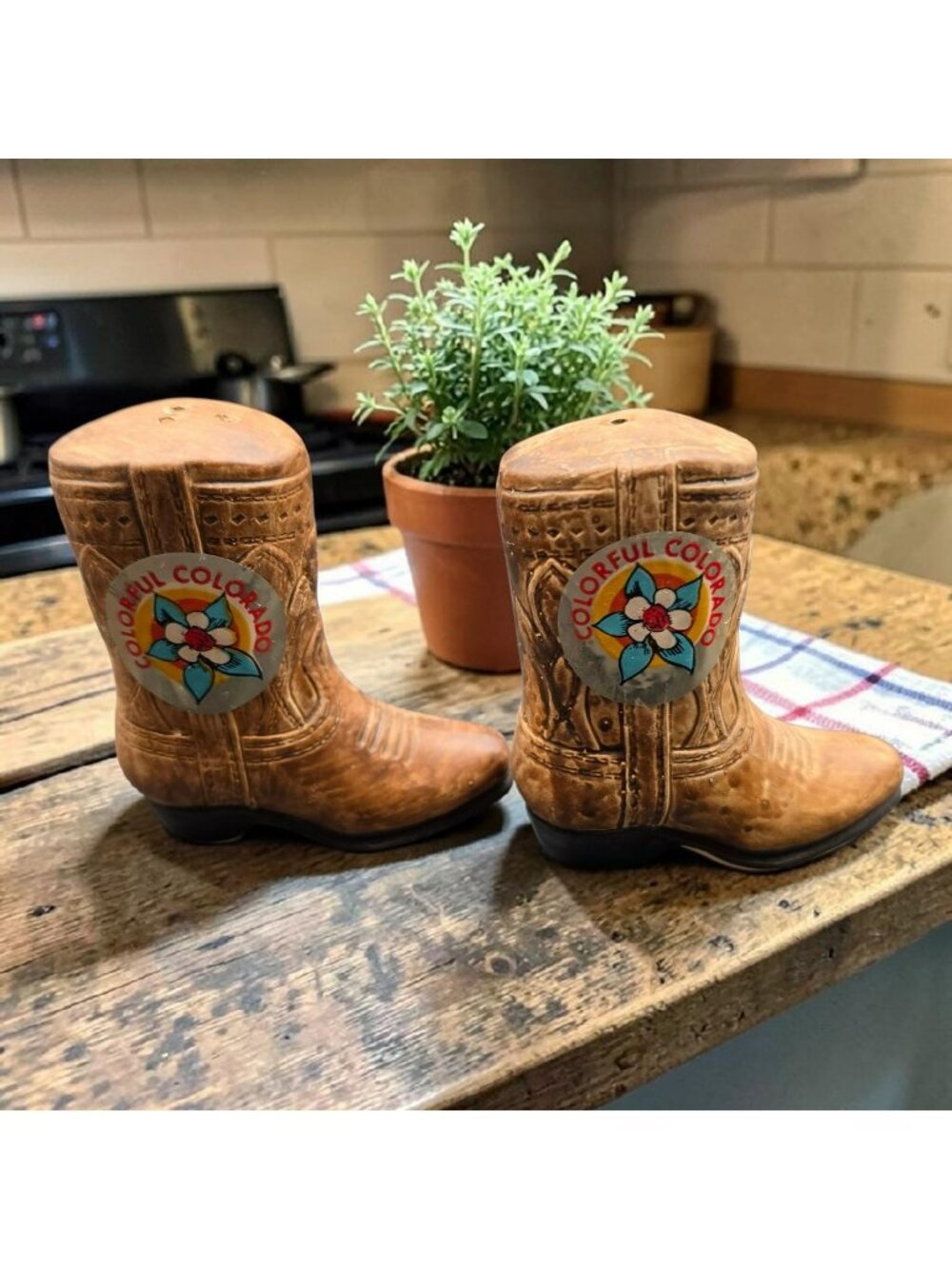 Colorful Colorado Souvenir Cowboy Boot Salt & Pepper Shakers Vintage Ceramic